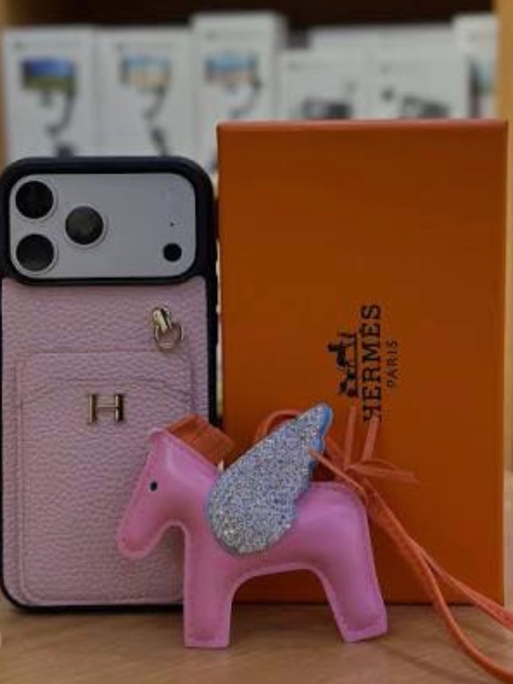 Hermes Pink Leather Card Phone Case with Sparkle Wing Unicorn holder IPhone